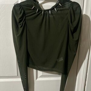 Current Mood Dark Green Long Sleeve Top with Spikes